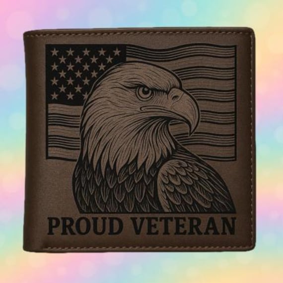 Proud Veteran wallet – Laser Engraved Eagle & American Flag – Leather Wrapped Gift for Military Men | Custom wallet for Veterans