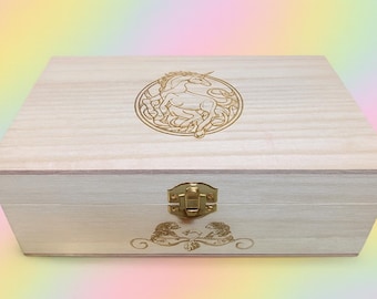 Unicorns fantasy engraved wooden box- gift box hinged lid
