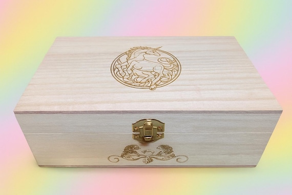 Unicorns fantasy engraved wooden box- gift box hinged lid