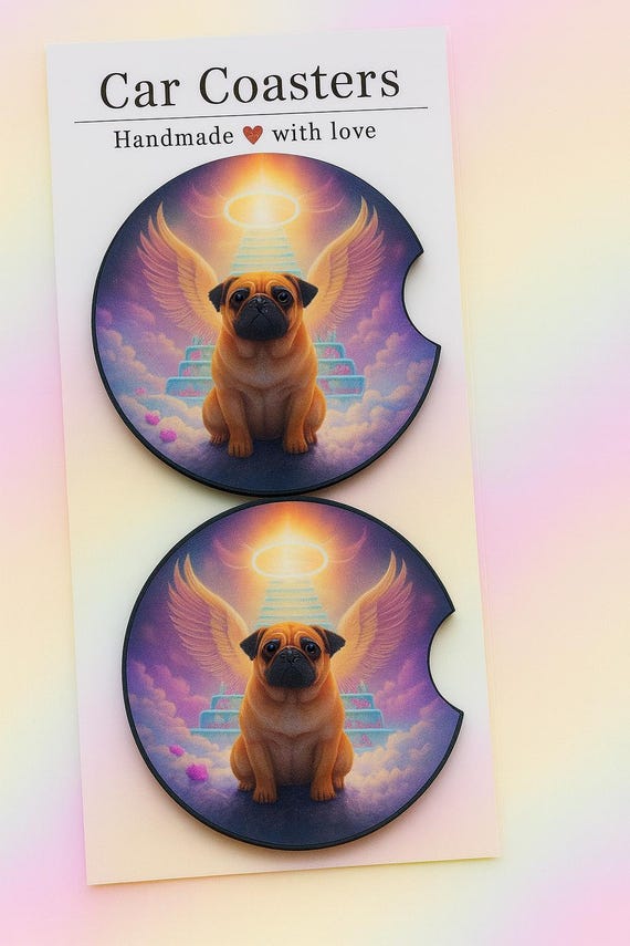Angel Pug Car Coasters Set of 2, Rainbow Bridge Dog Memorial Cup Holder Coasters, Halo Pug Car Accessories, Gift for Dog Mom