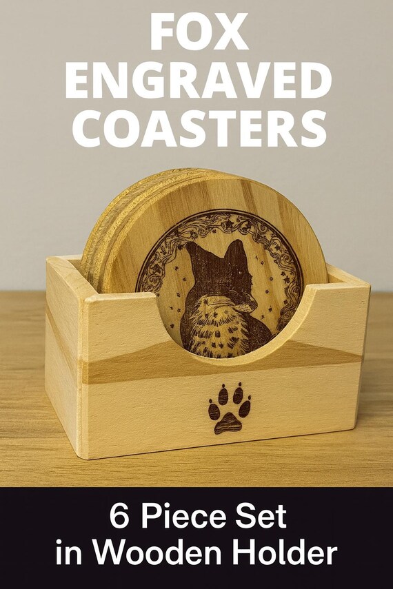 Fox Engraved Wooden Coaster Set – 6 Piece Rustic Drink Coasters with Holder | Fox Lover Gift | Nature Inspired Home Decor | Free Shipping