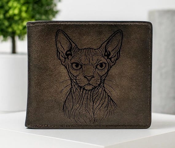 Sphynx Cat Engraved Leather Wallet – Handmade Dark Brown Bifold Wallet – Gift for Cat Lovers, Pet Memorial Keepsake