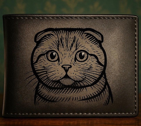 Engraved Leather Cat Wallet – Scottish Fold Line Art – Personalized Gift for Cat Lovers – Handmade Men’s Bifold Wallet