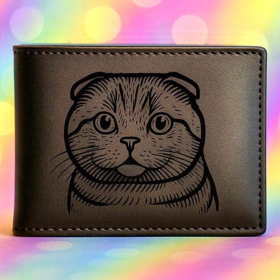Engraved Leather Cat Wallet – Scottish Fold Line Art – Personalized Gift for Cat Lovers – Handmade Men’s Bifold Wallet