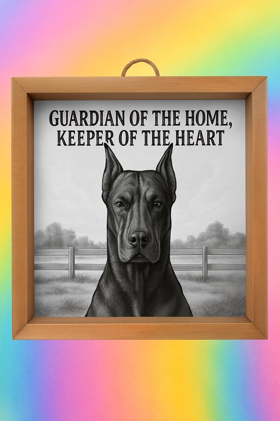 Doberman Pinscher Wall Art | “Guardian of the Home, Keeper of the Heart” Engraved Wooden Frame | 8x8 Rustic Dog Lover Gift | Pet Memorial Wa