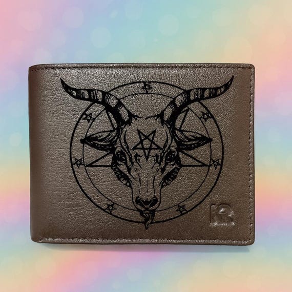 Personalized Leather Baphomet Wallet for Men – Custom Engraved Bifold – Gift for Husband, Boyfriend, Groomsmen, Dad –