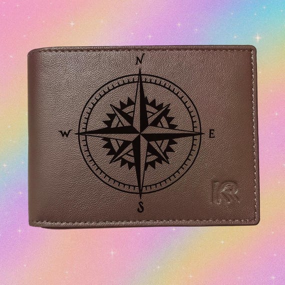 Personalized Leather compas navigation Wallet for Men – Custom Engraved Bifold – Gift for Husband, Boyfriend, Groomsmen, Dad –
