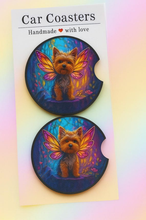 Fairy Yorkie Car Coasters Set of 2, Cute Dog Cup Holder Coasters, Fantasy Butterfly Wing Yorkie Car Accessories, Gift for Dog Mom