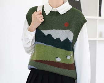 Vintage Color Matching Sweater Vest, Green Loose Sweater Vest For Women, Multiple Colour Trendy Fashion Sweater Vest, Autumn Gift For Her