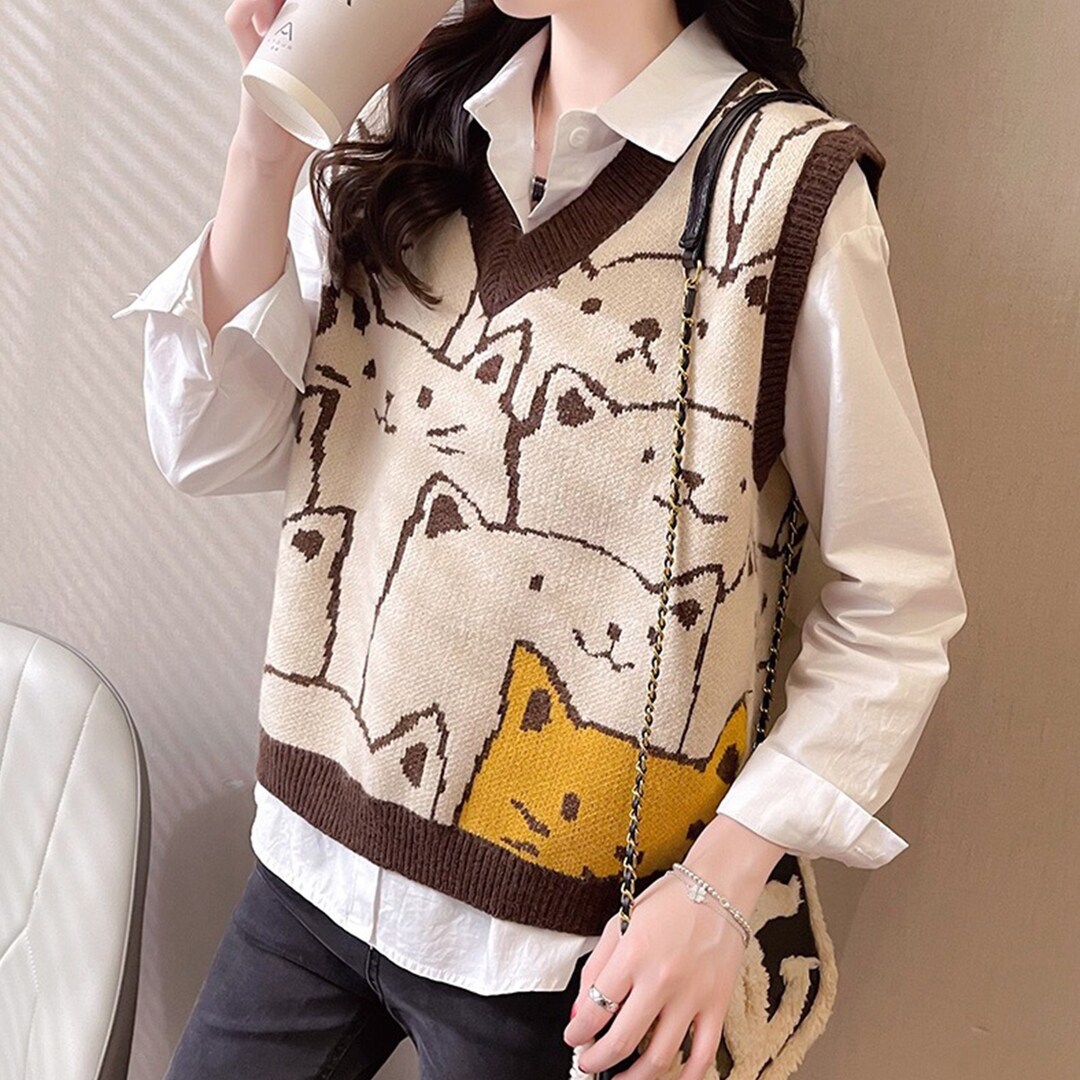Cute Cat Sweater Vest Vintage Loose Vneck Knitted Vest Etsy