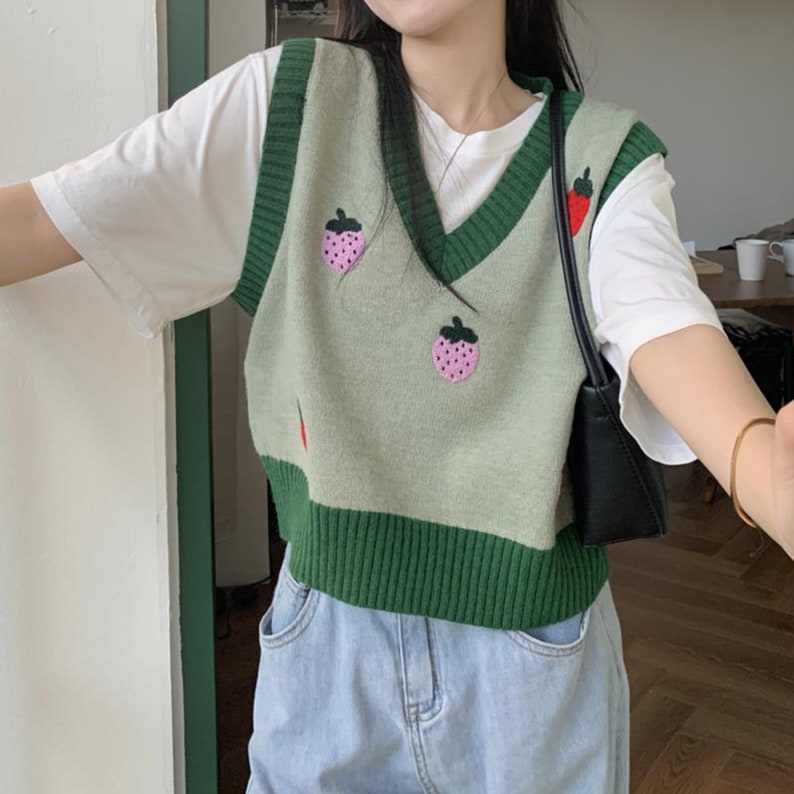 Strawberry Knit Vest Cute Fruit Sweater Vest Women's Etsy