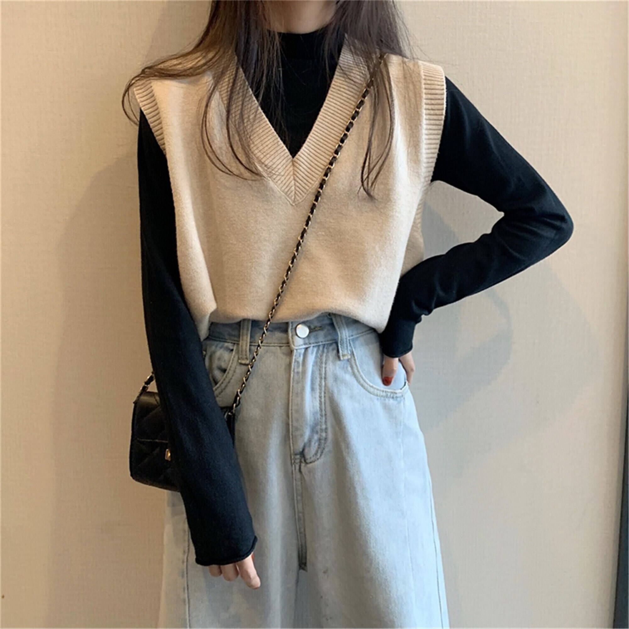 Winter Spring Basic Wear Tops Knitted Sweater Women Fashion Sleeveless Vest  Design Brown Knitting Vest Korea Style 9802
