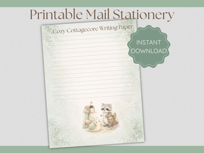 Cozy Cottagecore Stationery Set, Raccoon Snail Mail Paper (digital ...