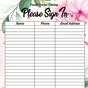 Editable Floral Sign-In Sheet Template – Printable Guest List (PDF)