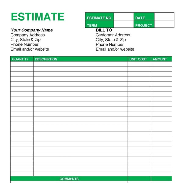 ESTIMATE-INVOICE Template |  Green Lined |Printable Form | Instant Download