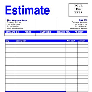 May include: A blank estimate form with blue headings and borders. The form includes fields for estimate number, terms, customer, service representative, project, quantity, description, unit cost, amount, comments, sub total, discount, tax, and total. The form also includes the text "We get it all together".