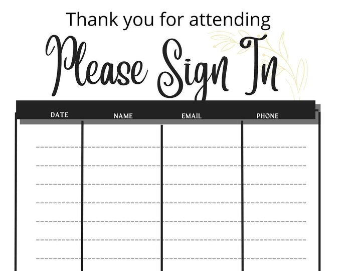 Sign in and Out Sheet Printable Form, Digital File, Instant Download ...