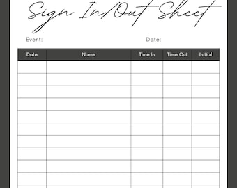 Sign in and Out Sheet , Printable Form, Digital File, Instant Download ...