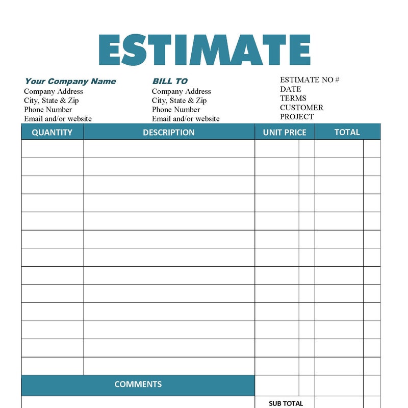 Estimate Template Etsy