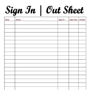 Sign In and Out Sheet Printable, Editable Form (Digital File)