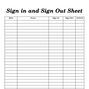 Sign In and Out Sheet Printable Form, Digital File, Instant Download, Editable, Black-White Edition