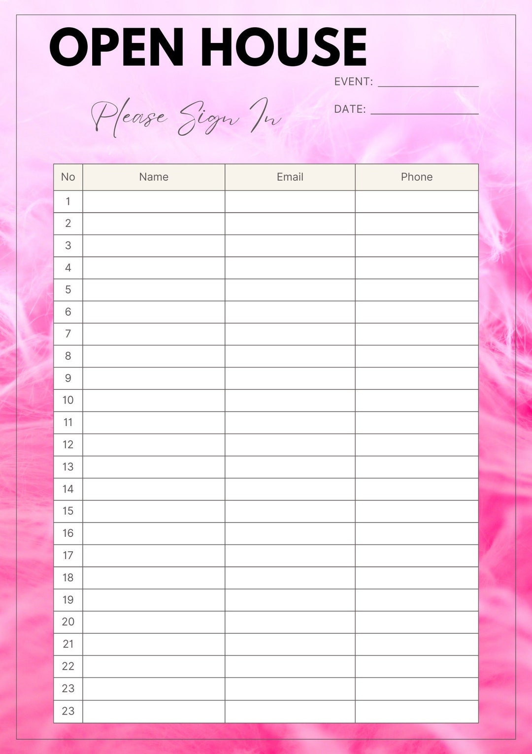 Editable Open House Sign-in Sheet PDF – Guest List Template for ...