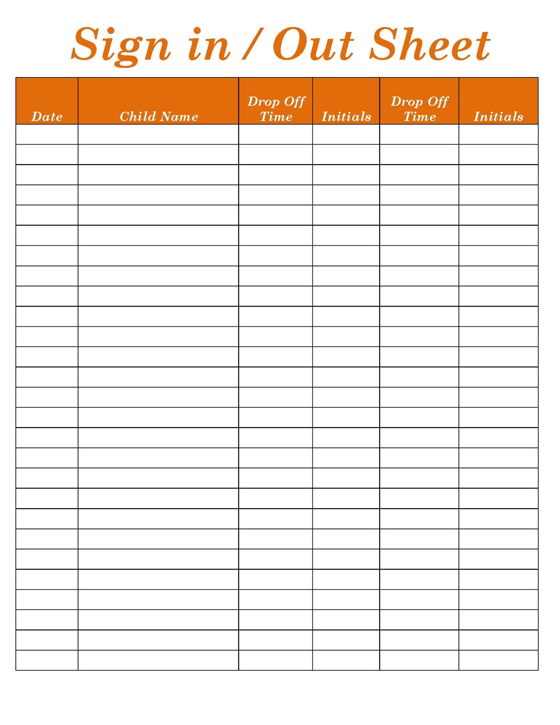 Sign in and Out Sheet , Printable Form, Digital File, Instant Download ...