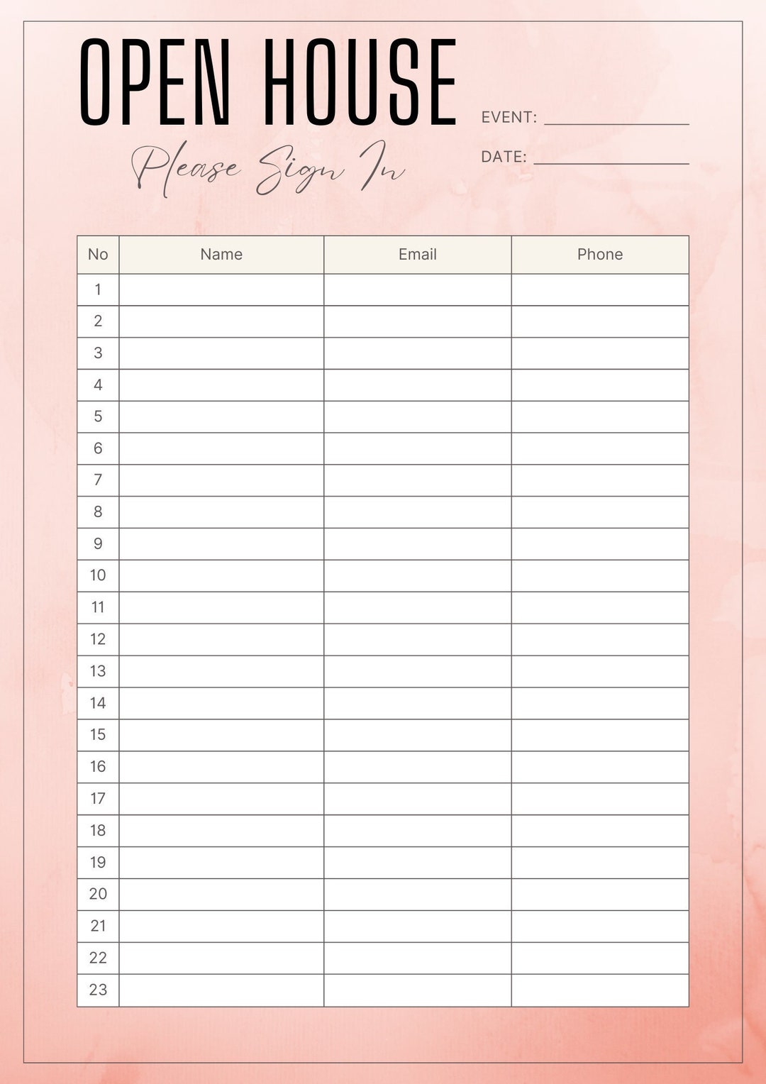 Editable Sign in Sheet, Open House ,sorority, Guest , Salon , PDF - Etsy