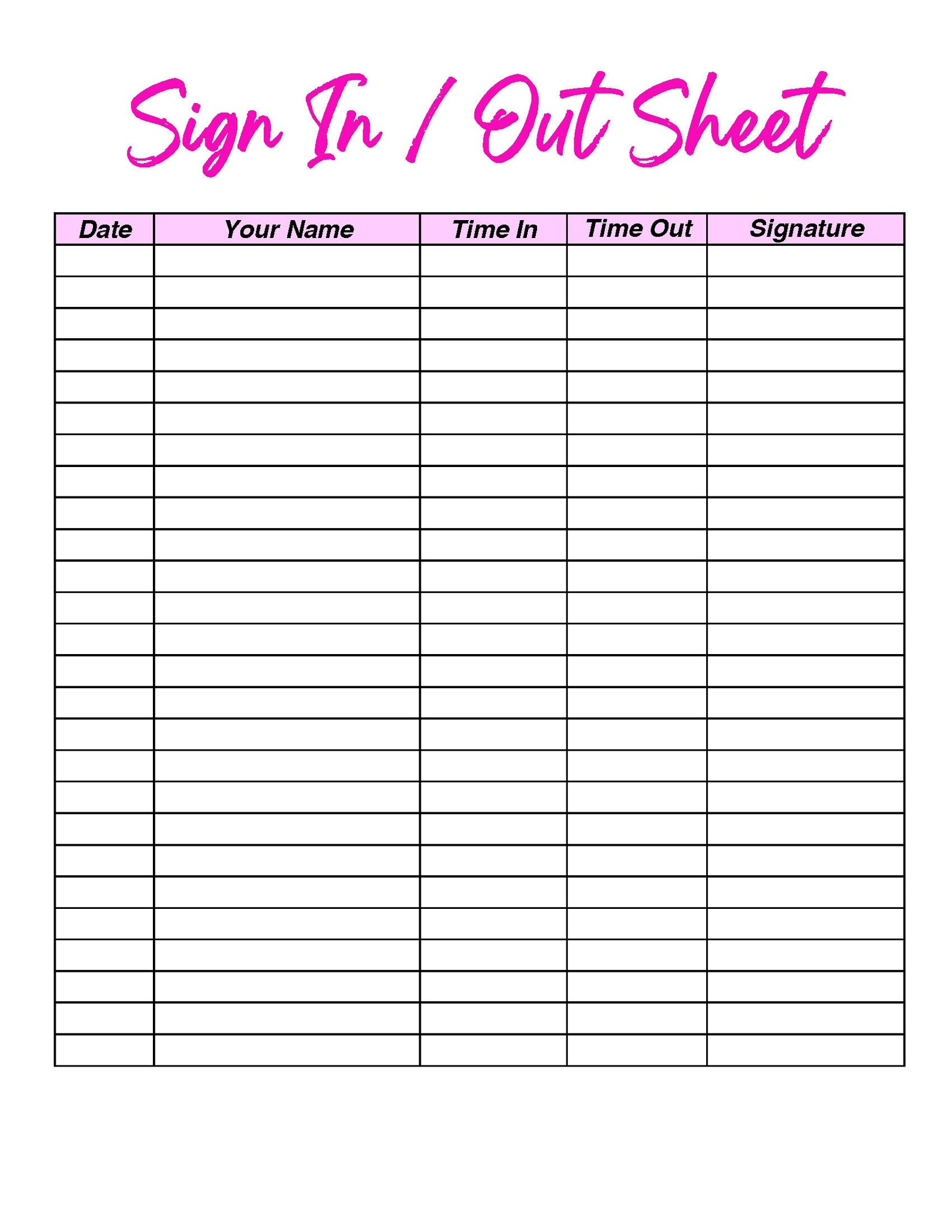 Sign in and Out Sheet Printable Form, Digital File, Instant Download ...