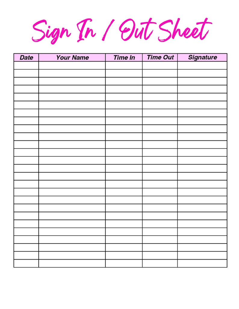 Sign in and Out Sheet Printable Form, Digital File, Instant Download
