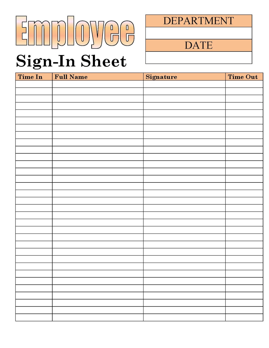 Employee Sign in Sheet, Printable Form, Digital File, Instant Download