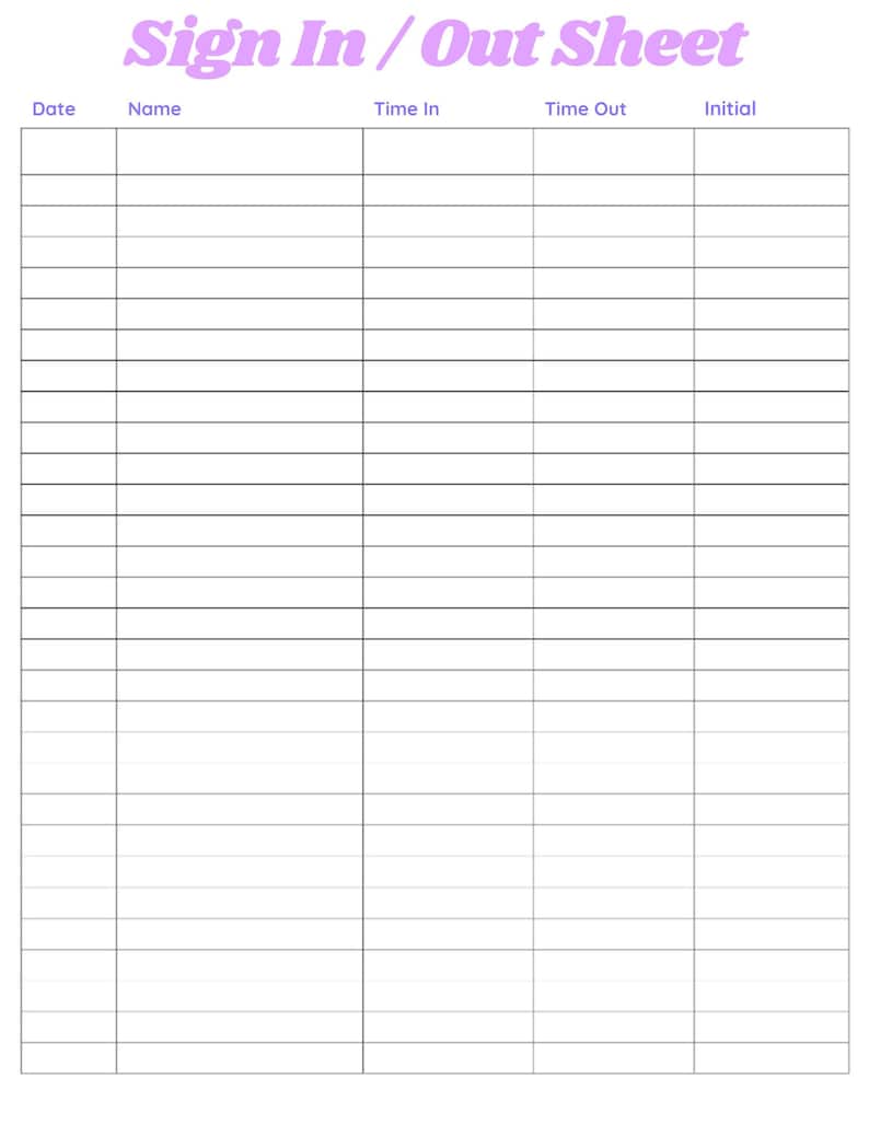 Sign in and Out Sheet Printable Form, Digital File, Instant Download ...