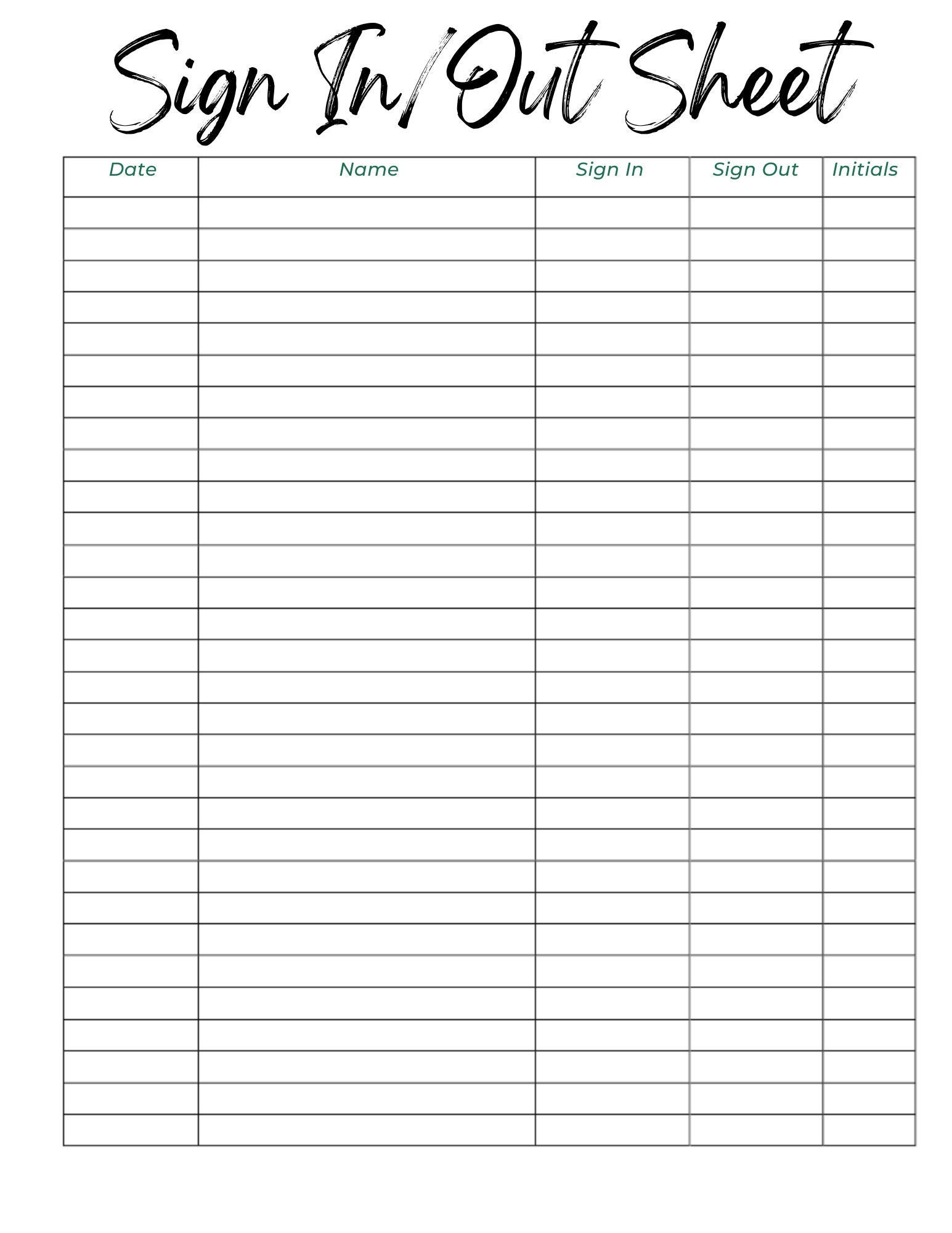 Sign In And Out Sheet Printable Form Digital File Instant Download