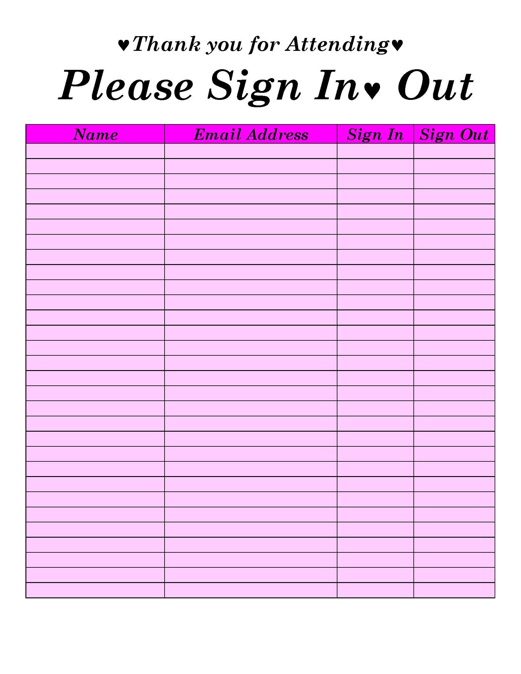Sign in Sign Out Sheet Template Printable Sign in and Sign Etsy
