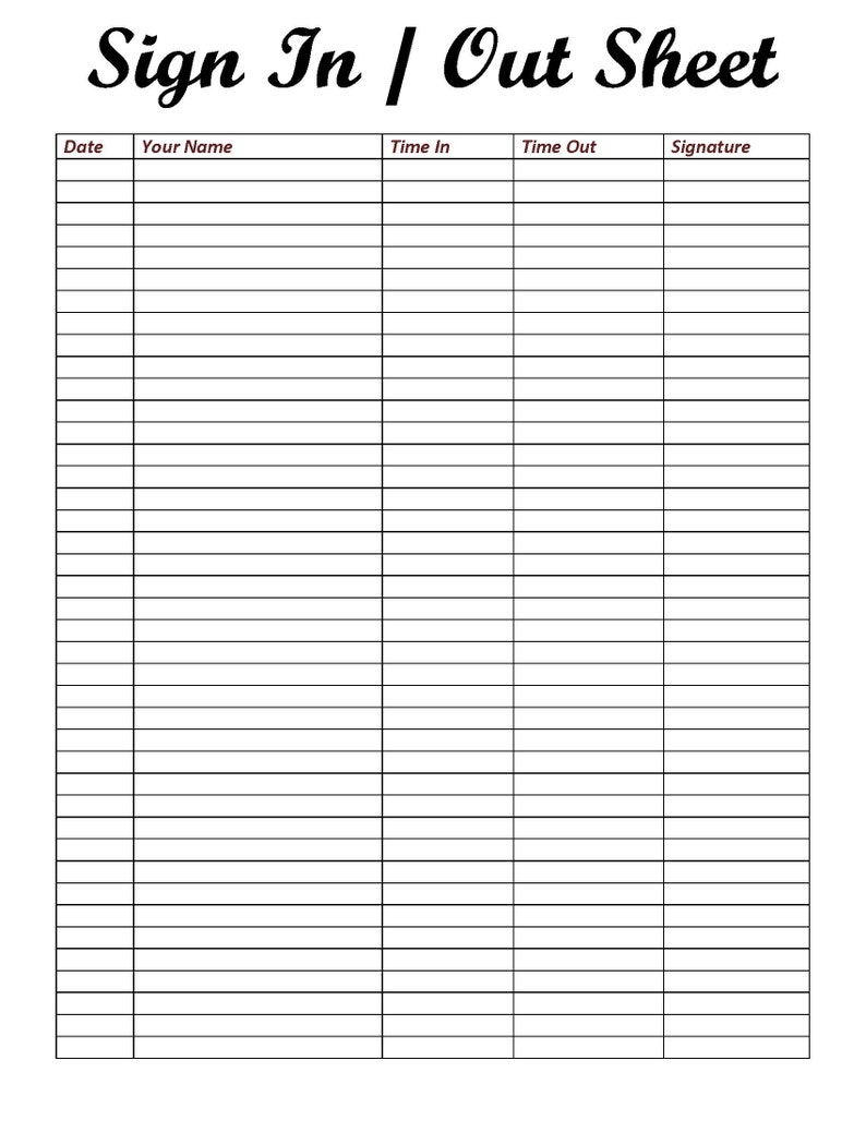 Sign in and Out Sheet, Printable Form, Digital File, Instant Download ...