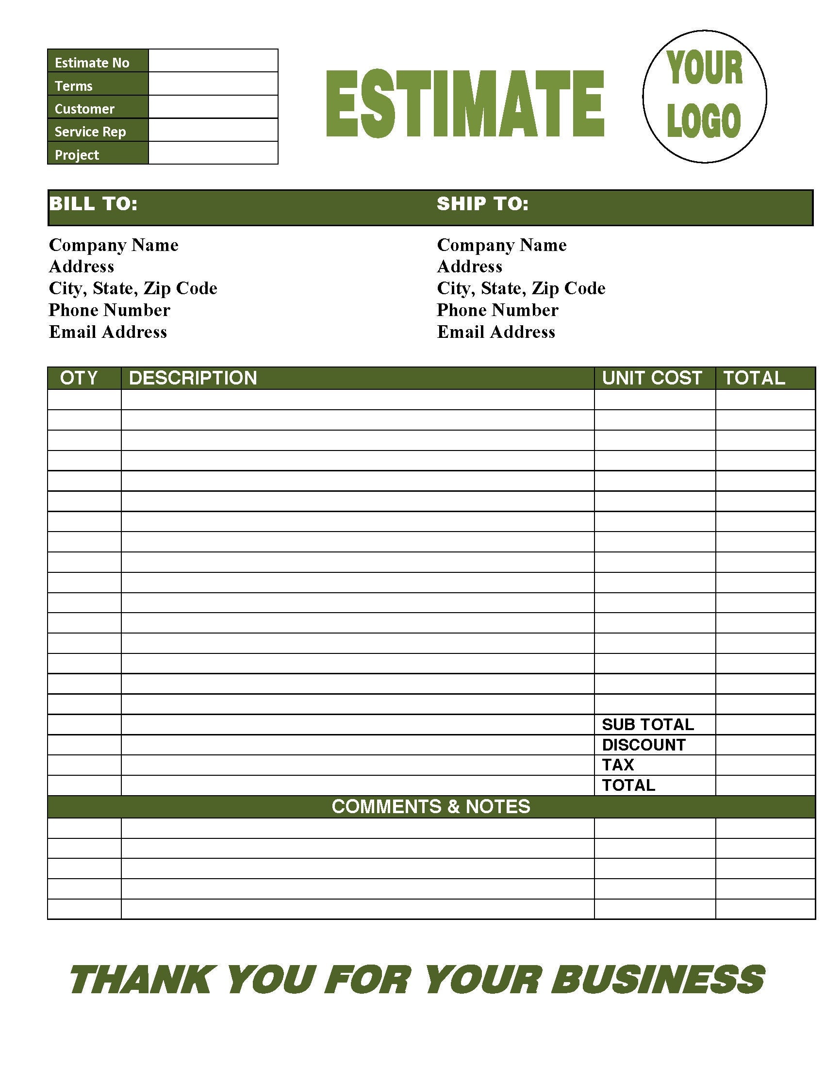 Invoice-Estimate Template Word | Printable | Download| Green Template