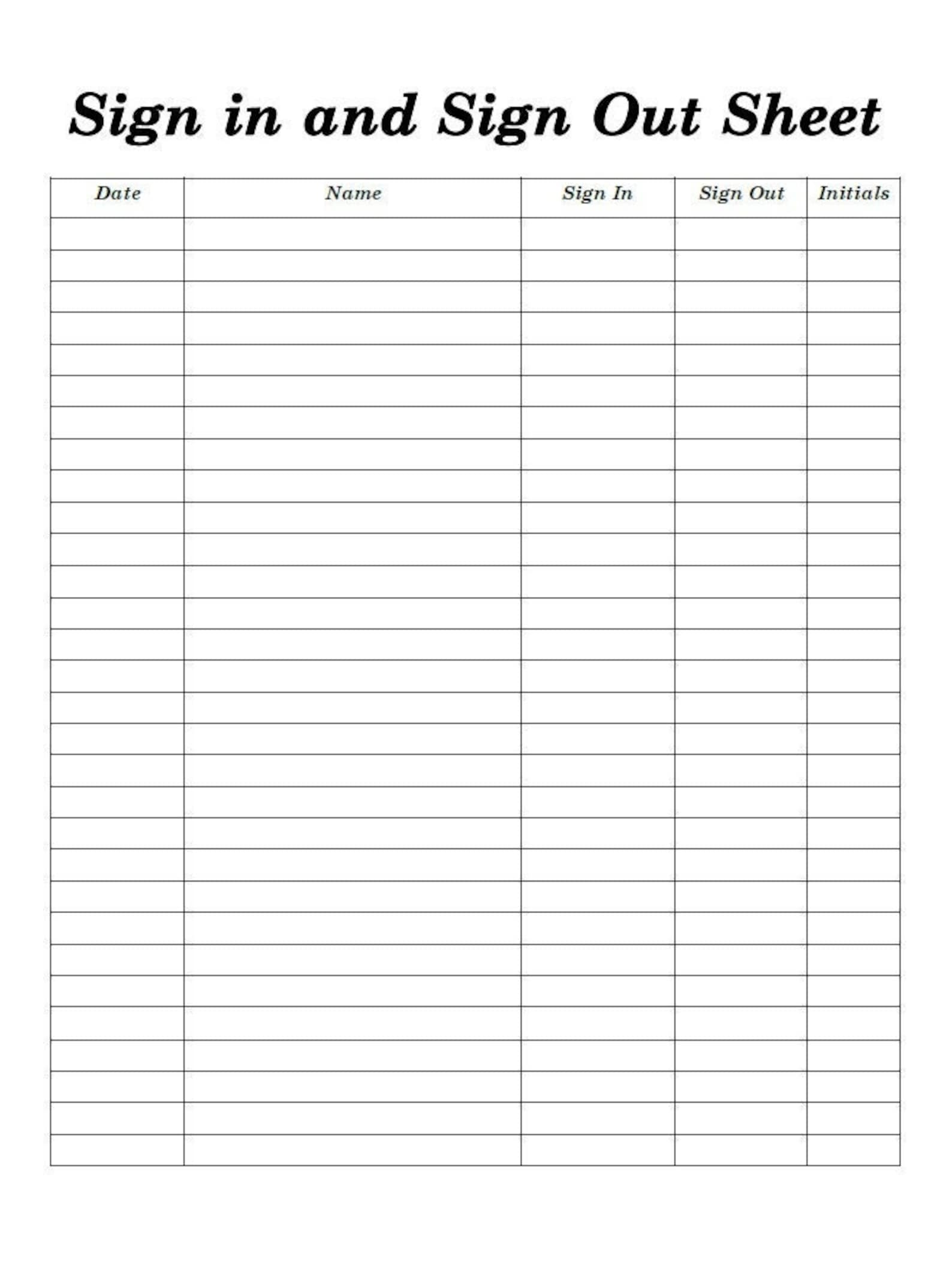 Sign in and Out Sheet Printable Form, Digital File, Instant Download