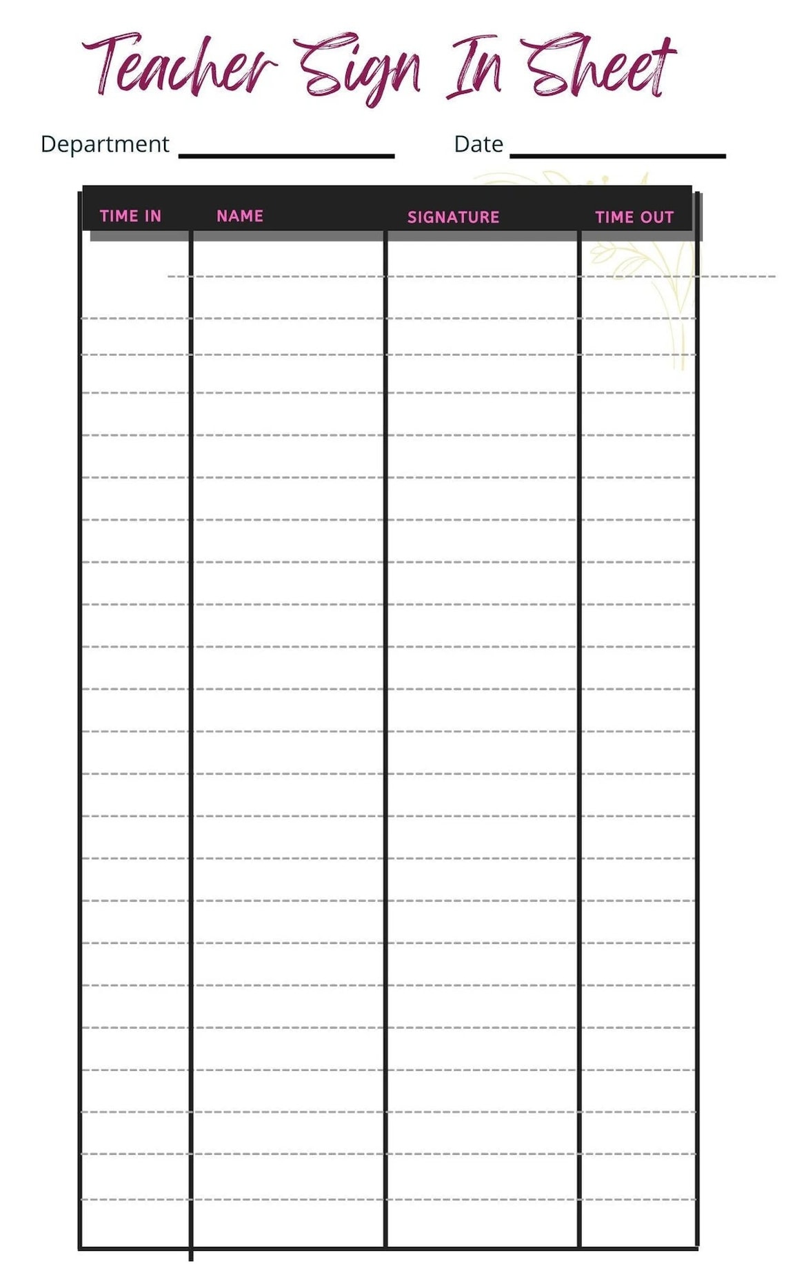Teacher Sign in Sheet , Printable Form, Digital File, Instant Download