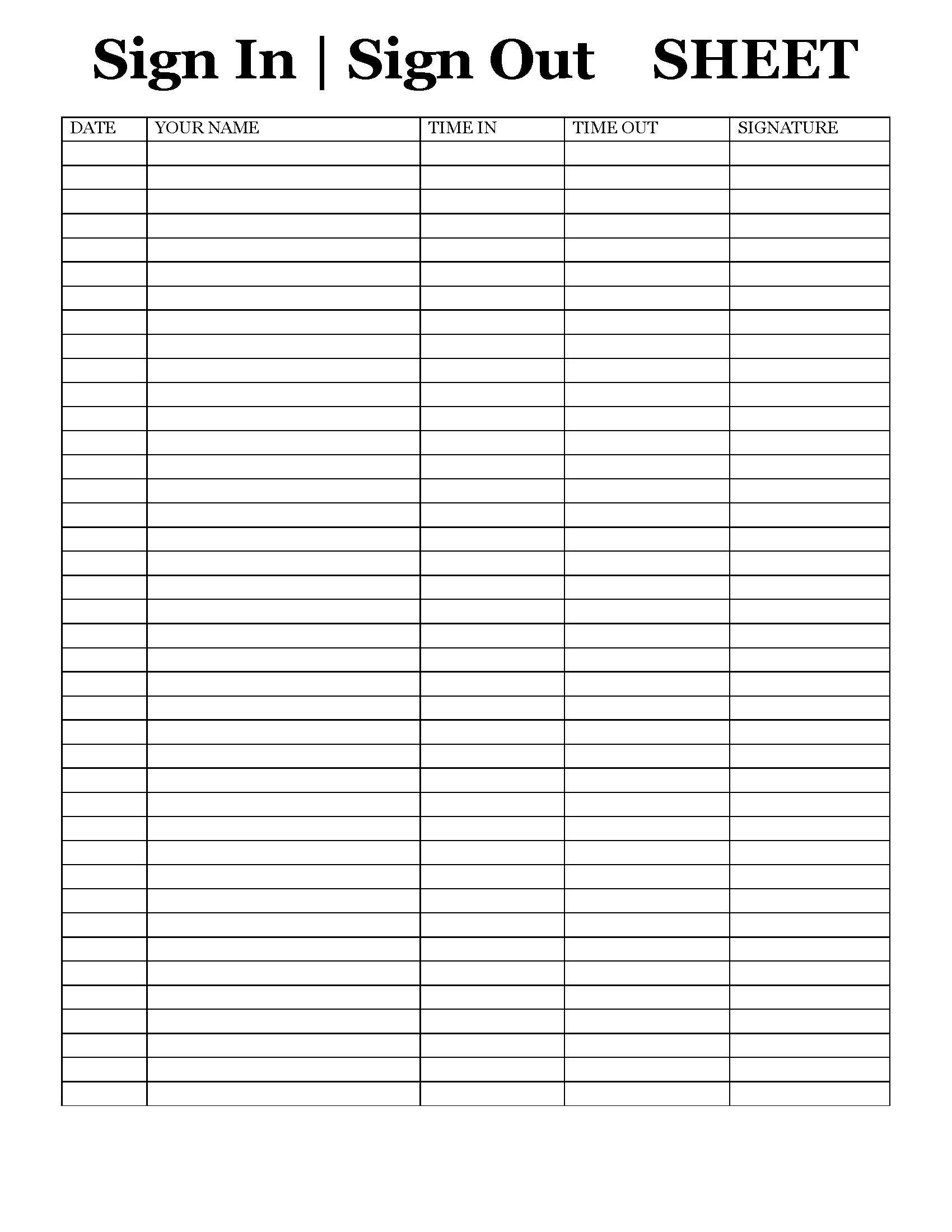 Sign in and Out Sheet Printable Form, Digital File, Instant Download