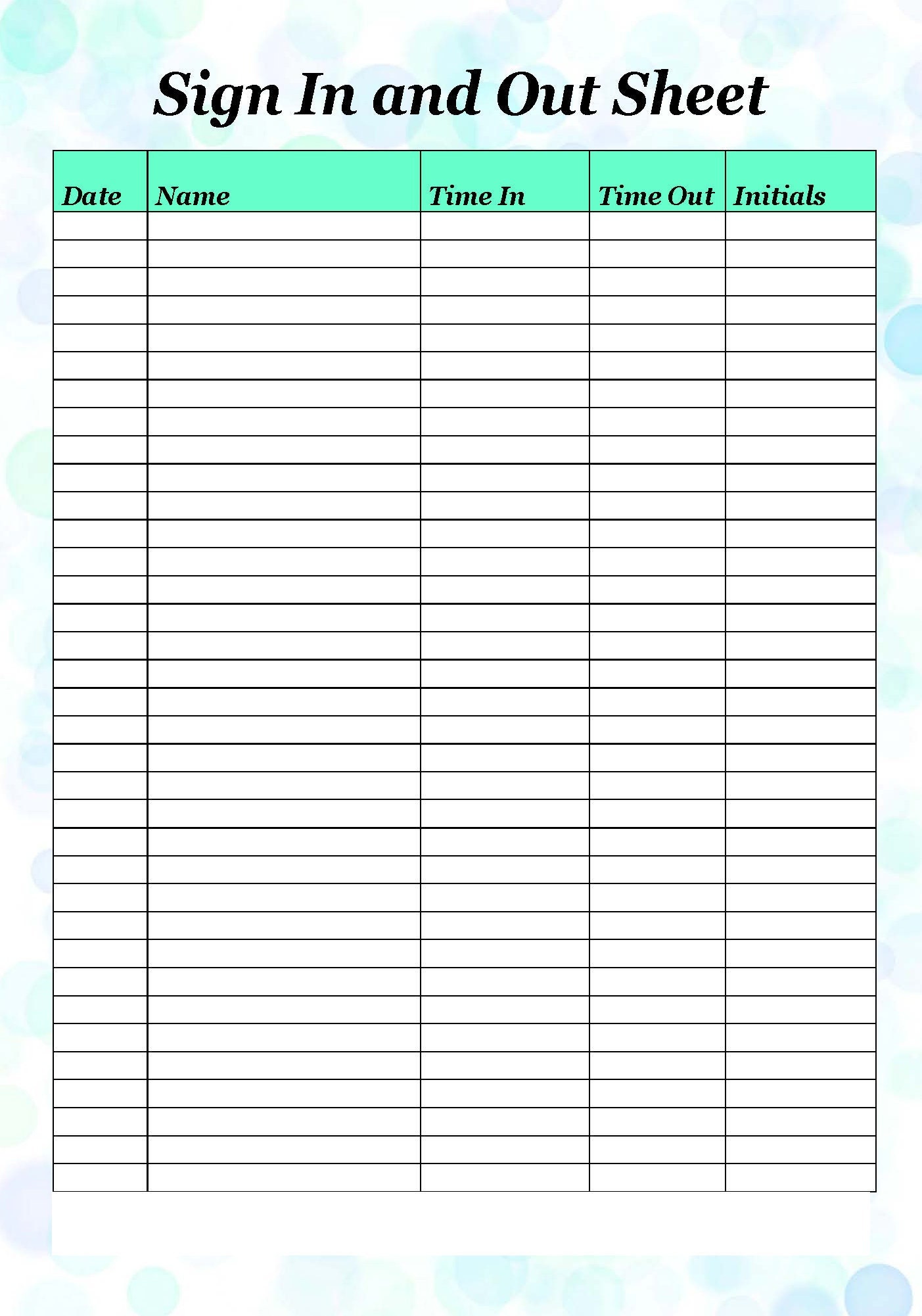 Sign in Sign Out Sheet Template Printable Sign in and Sign Out Sheet