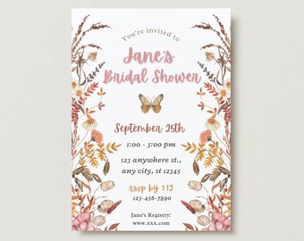 Invito per addio al nubilato con fiori autunnali, modello per festa in giardino (download digitale)