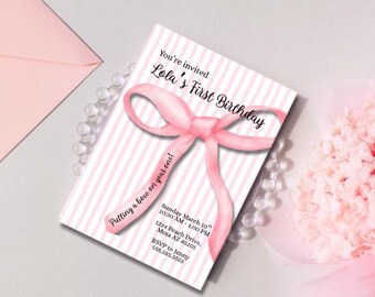 Invito per il primo compleanno con fiocco rosa – Modello fai da te per una festa femminile