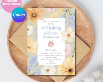 Invito floreale ad acquerello per l'80° compleanno - Modello modificabile (download digitale)