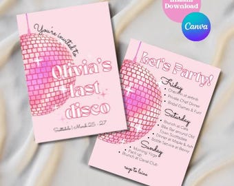 Modello di invito per addio al nubilato con palla da discoteca glitterata rosa (fai da te, stampabile)