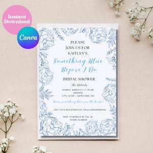 Puede incluir: Una invitación de ducha nupcial blanca con ilustraciones florales azules y el texto "Something Blue Before I Do". La invitación incluye la fecha, la hora y la dirección del evento. También indica que la novia está registrada en Zola.com/wedding y solicita RSVP antes del 26 de febrero.