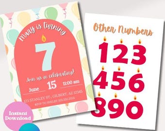 Modello di invito di compleanno con palloncino arcobaleno / Invito alla festa modificabile (download digitale)