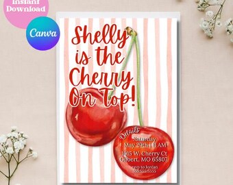 Invito per addio al nubilato con ciliegie, modello Canva modificabile (download digitale)