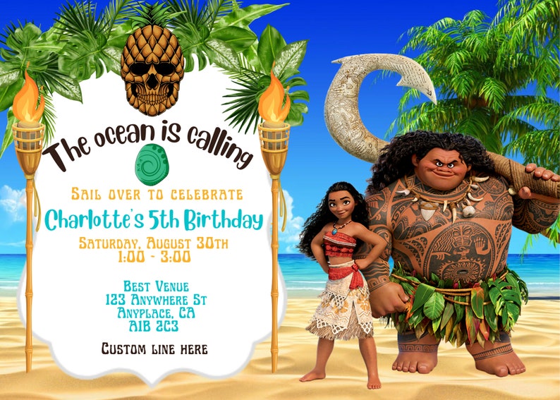 Birthday Invitation Kids Birthday Digital Invitation Party Invitation Digital Template Skull Birthday Moana Birthday Girls