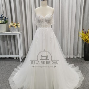 Lace applique off-shoulder tulle summer bridal gowns W426 zdjęcie 1