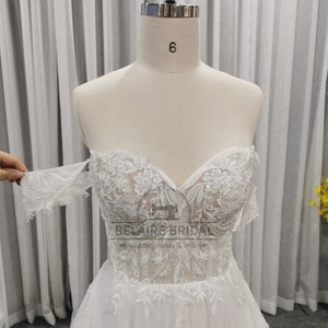 Lace applique off-shoulder tulle summer bridal gowns W426 zdjęcie 4